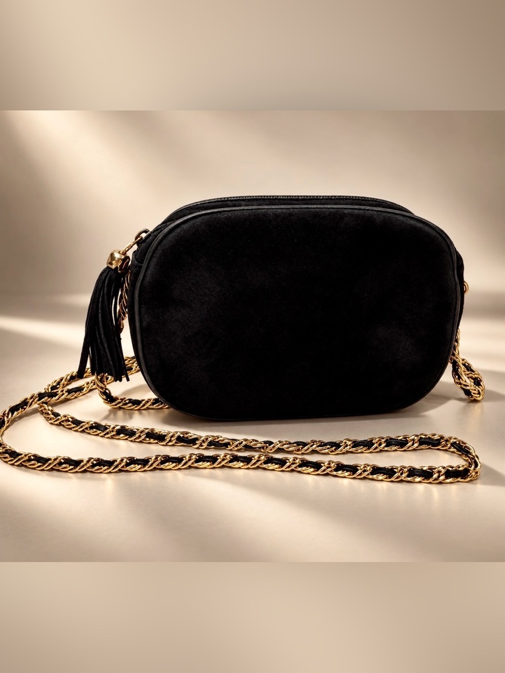 Vintage Black Suede Leather Mini Crossbody Bag Gold Chain